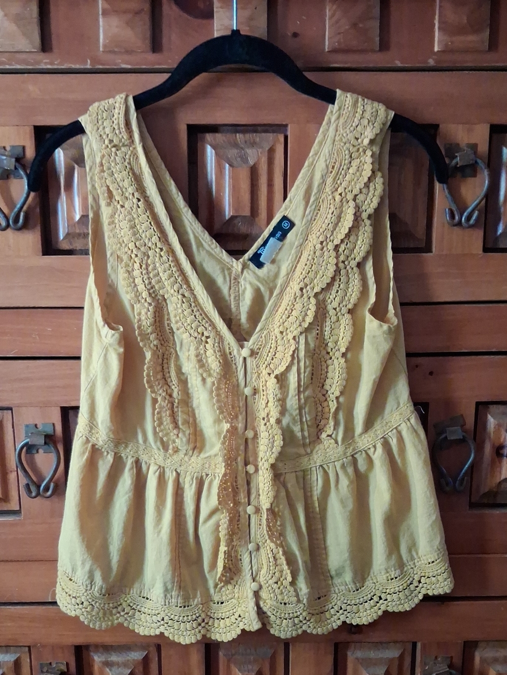 Miss Chievous Crochet-Trim Button Front Tank Top - Mustard